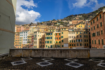 Fototapeta premium CAMOGLI, ITALY, JANUARY 18, 2023 - Colored buildings in the town of Camogli, Genoa province, Italy.