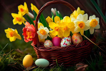 Easter eggs on a beautiful spring day in a basket. Generative AI