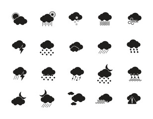 Simple weather web icon design set. Weather, cloud, sunny day, moon, snowflake, wind, sun day. Vector illustration.
