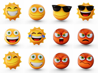 3D Rendering set of emoji isolated on white background