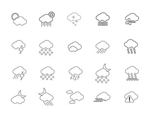 Simple weather web icon design set. Line art weather, cloud, sunny day, moon, snowflake, wind, sun day. Vector illustration.