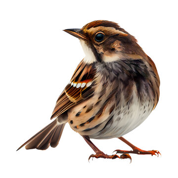 A brown sparrow perched sideways in a stunning portrait, full body visible. Generative AI