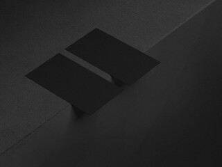 Two Black Business Cards made luxury paper on a dark leather background. Creative minimal Business layout. 3d rendering