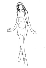 girl in a dress pen drawing for illustration background decoration