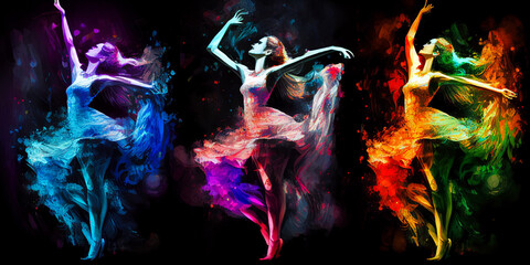 Ballet dancers triptych splash colorful illustration, black background. Generative AI