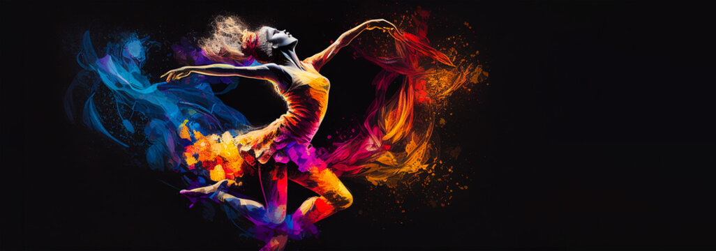 Ballet dancer splash colorful illustration, black background with copy space. Generative AI