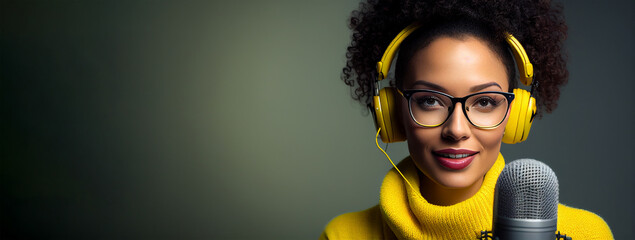 Young afroamerican woman, radio host with headphones and microphone, portrait, banner with copy space. Generative AI - obrazy, fototapety, plakaty