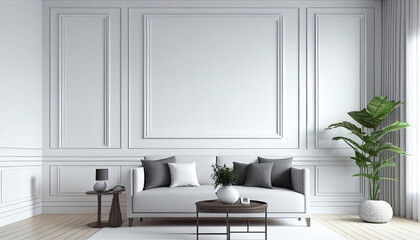White elegant minimalist living room with comfortable couch, architecture design. Generative AI
