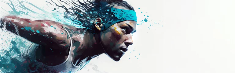Fotobehang Swimming sport woman swimmer blue splash horizontal banner on white illustration with copy space. Generative AI graphic © fabioderby