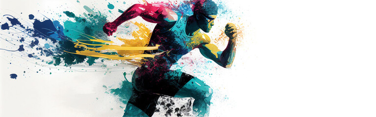 Running athletics sport man colorful splash horizontal banner on white illustration with copy space. Generative AI graphic - obrazy, fototapety, plakaty