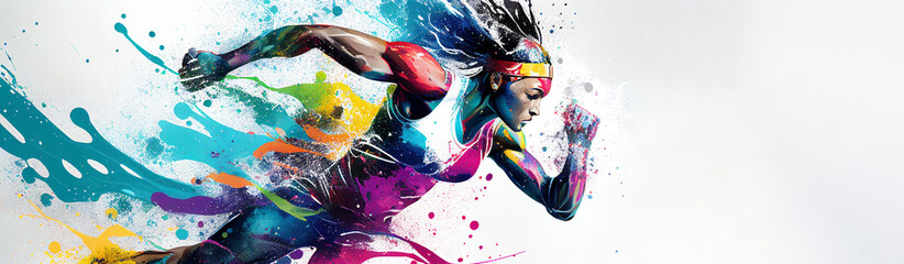 Running athletics sport woman colorful splash horizontal banner on white illustration with copy space. Generative AI graphic - obrazy, fototapety, plakaty