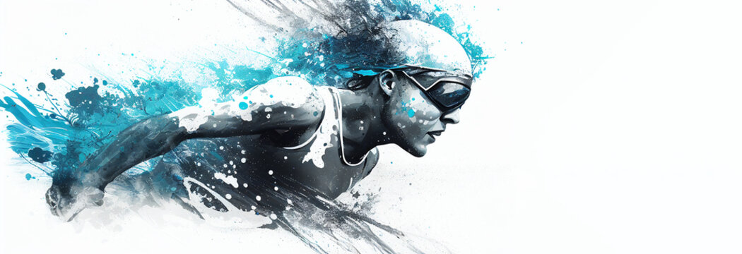 Swimming sport woman swimmer blue splash horizontal banner on white illustration with copy space. Generative AI graphic
