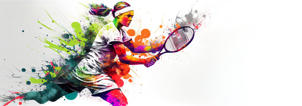 Tennis sport woman player colorful splash horizontal banner on white illustration with copy space. Generative AI graphic - Powered by Adobe