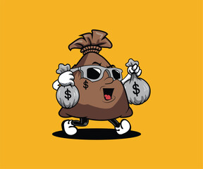 Vector Cute Cartoon Money Bag Character, Fun Mascot Illustration Artwork Design