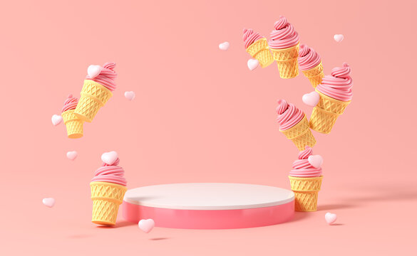 Abstract Pink background with geometric shape podium for product. Minimal concept. Pink ice cream with hearts. holiday summer decoration. 3d render