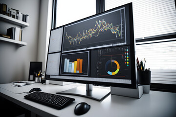 Workstation with a computer and monitor showing stock graphs