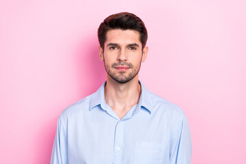 Fototapeta premium Portrait of serious responsible coach it specialist expert director big international company isolated on pink color background