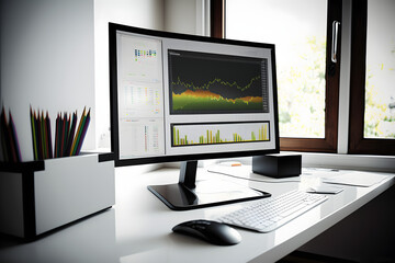 Computer workstation with stock graphs on monitor - obrazy, fototapety, plakaty