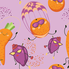 Seamless pattern with funny carrot, orange and plum. Carrot jumping rope. Orange jumps with a parachute. Plum beauty goes shopping