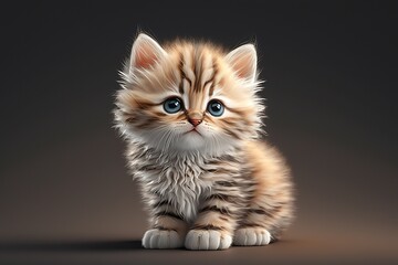 Brown gray cat sitting in front of white back