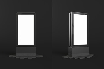 Set Blank mock up of vertical street poster billboard on isolated black background. Outdoor kiosk city advertising. Cityscape blank billboard for the user to modify. Advertising in blank. 3d render