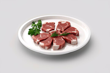 Uncooked flesh on a serving dish. Chunks of juicy meat arranged on a pristine plate. Picture against a pure white background.  ai generated.