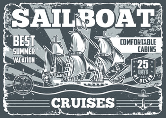 Fototapeta na wymiar Sailboat cruises vintage flyer monochrome