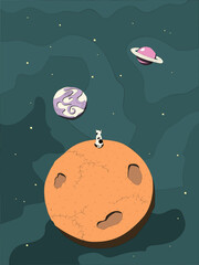 cartoon flat illustration, cute poster for a children's room, space, planets, a cat sitting on its back, stars, craters, color