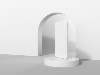 White Clay Smartphone mockup front view on white shape podium, 3d render. Minimal concept