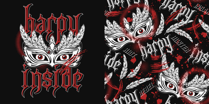 Set of label, pattern with scary mask, feathers, yellow eyes behind, text Harpy inside. Concept of insane rebellious character, inner strength For prints, tattoo, clothing, t shirt, surface design