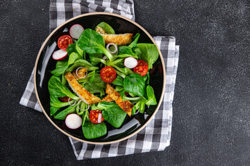 chicken salad meat, vegetable, tomato, radish, green leaves mix lettuce meal food snack on the table copy space food background rustic top view 