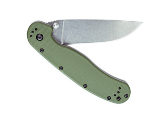 Edc folding knife with stonewash coated blade isolated on transparent background