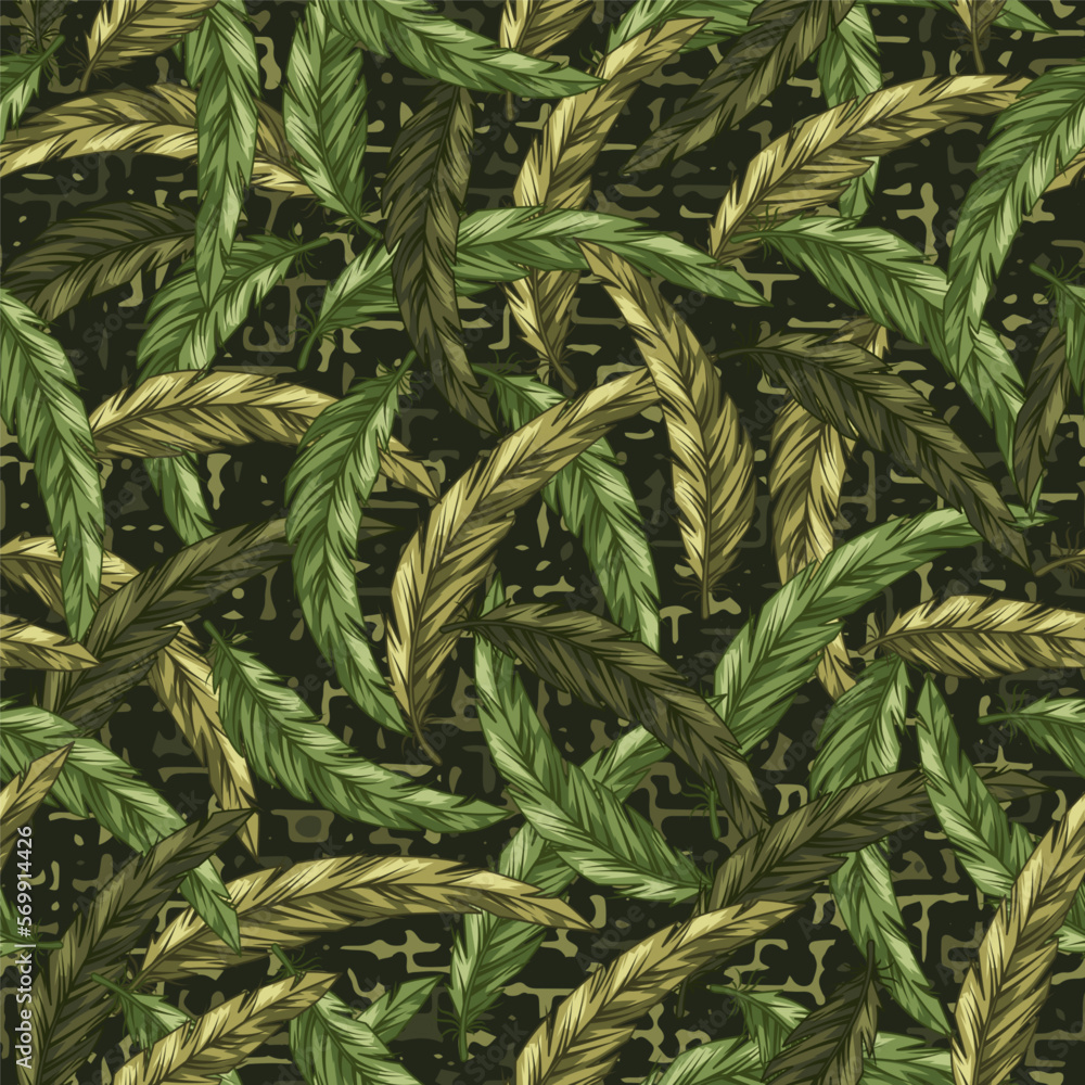 Aufkleber seamless green camouflage pattern with intertwined feathers. textured with small abstract shapes bac