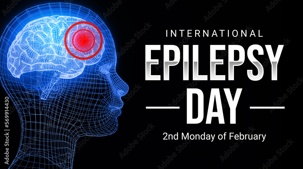 Poster international epilepsy day backdrop with wireframe brain and red alarming light on it. second monday