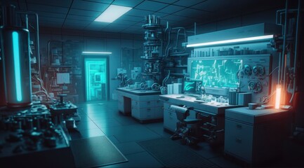 futuristic laboratory gleams with cutting-edge technology, featuring a dazzling array of computers, analyzers, and scientific apparatus.