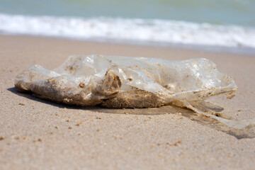 Plastic bag pollution on the beach