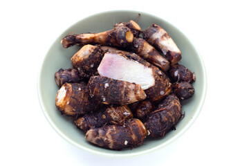 Boiled taro on white background.