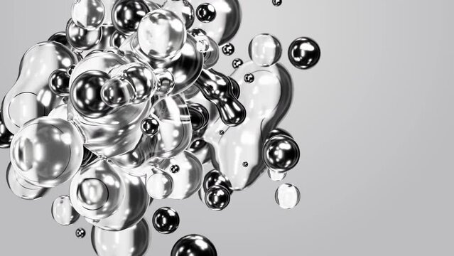 3D render motion design animation abstract liquid aqua grey gray white black silver metaball transformation. Mercury bubbles meta balls metal transition deformation. Cosmetology medicine background