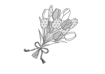 和風の模様をデザインに入れたチューリップの花束、白黒