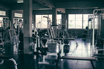 Fototapeta premium Background of fitness gym with bodybuilding station