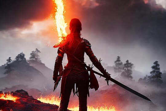 Fire warrior princess going to war in a dark evening