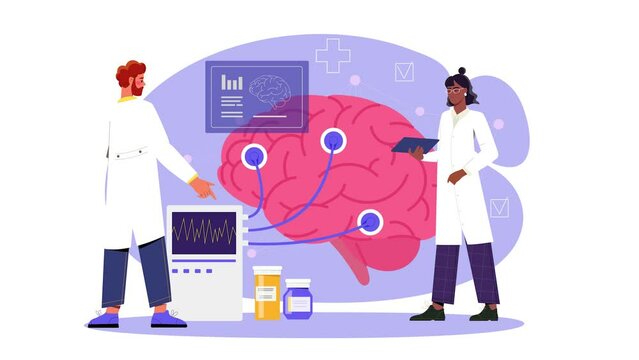 Neurology and study of human brain concept. Moving man and woman doctors or scientists conduct research on brain and neural connections. Diagnosis of mental diseases. Flat graphic animated cartoon