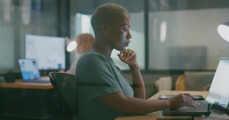 Business, office laptop or black woman typing feedback review of finance portfolio, stock market or investment. Coworking space, forex account manager or profile trader trading NFT or crypto - Powered by Adobe