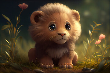 Cute adorable baby lion generative ai rendered in the style of children-friendly cartoon animation fantasy style