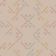 Symbols of stairs up and stairs brought together in colorful fabric patterns. Arrows and wavy lines of lines. Modern pattern.