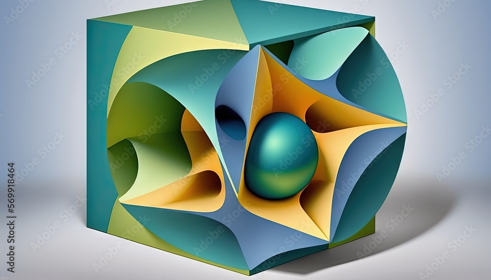 Poster a colorful cube with a ball inside of it on a blue background with a shadow of the cube in the middl