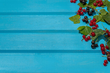 fresh berries and leaves on a wooden blue background
