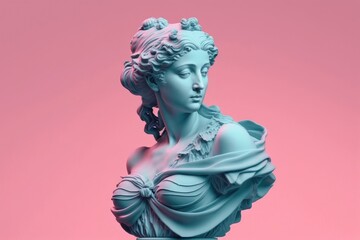 Sculpture of an abstract greek deity, done in the  pastel background colors. Generative AI.
