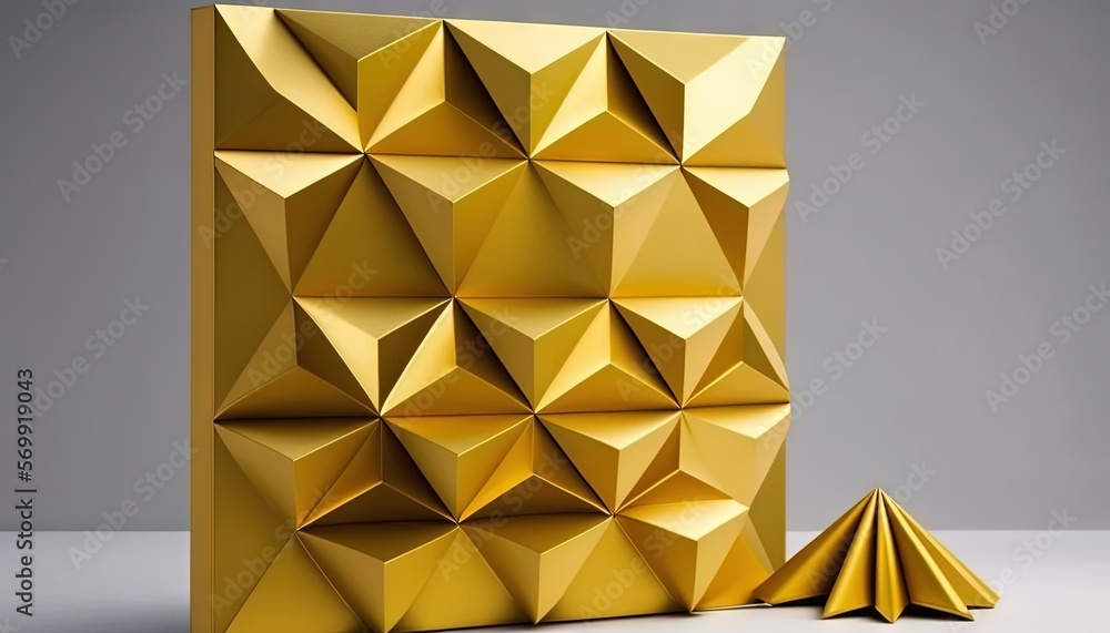 Poster a gold sculpture with a piece of paper in the foreground and a smaller piece of paper in the foregro
