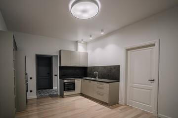White and brown modern kitchen with wooden island